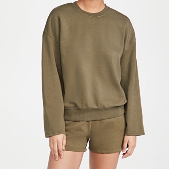 Good American Khaki Drop Shoulder Long Wide Sleeve Crewneck Sweatshirt - Picture 1 of 16